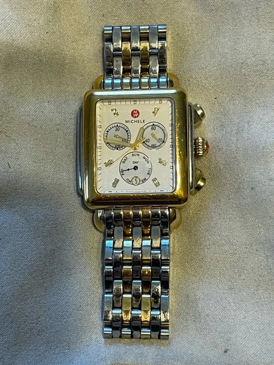 Michele Two-Tone Diamond Deco Square Chronograph Watch - Picture 1 of 6